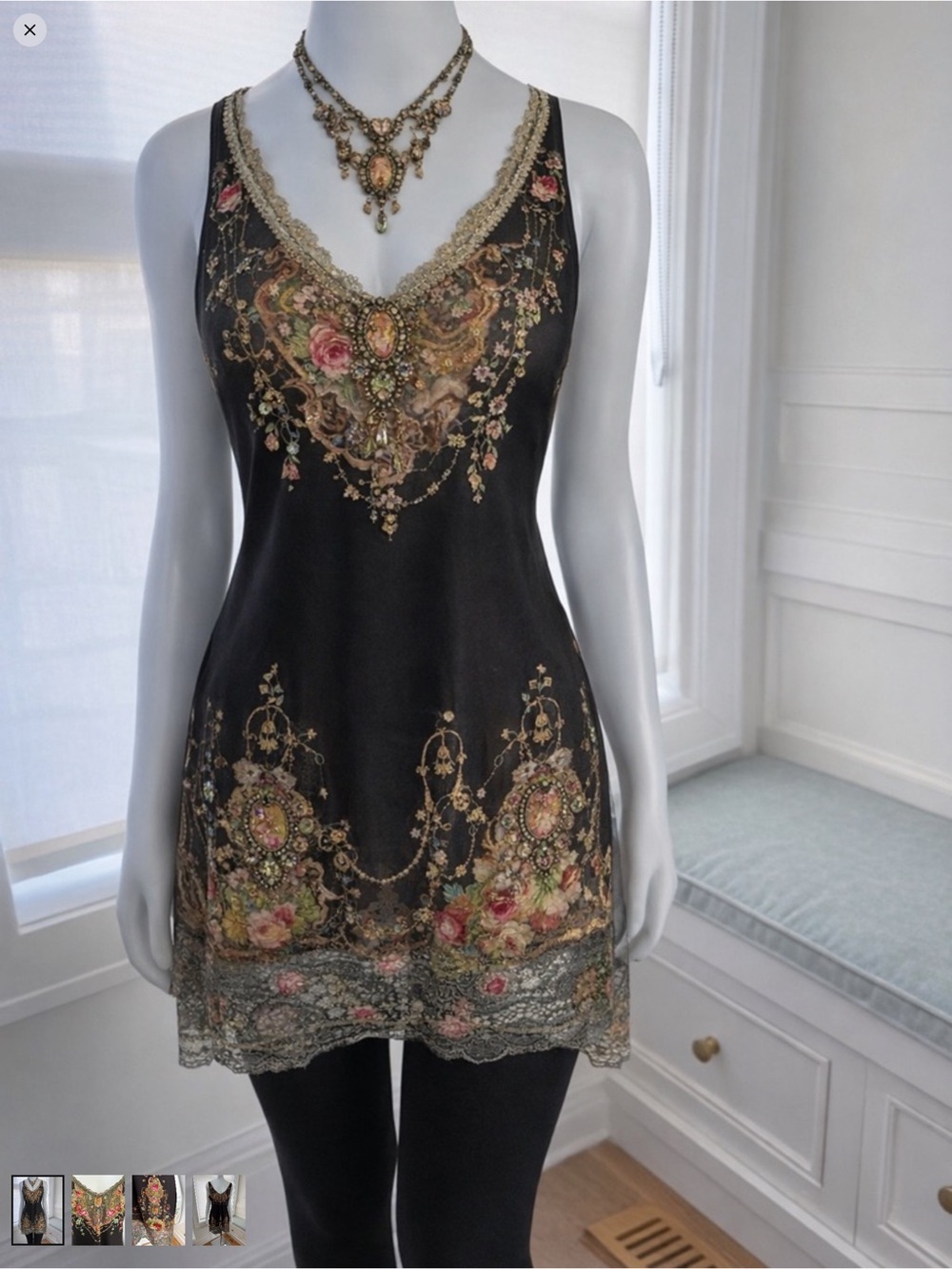 Michal Negrin Black Floral Swarovski Crystal Embellished Tunic Dress Size L